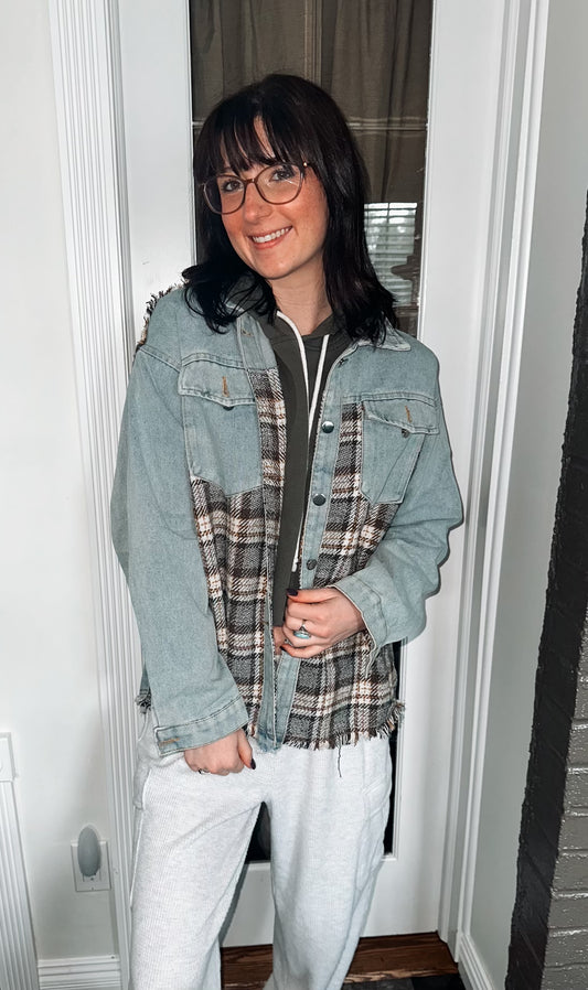 Plaid Patched Denim Jacket